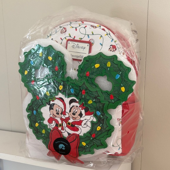 Loungefly Handbags - Loungefly Disney Mickey And Minnie Christmas Wreath Mini Backpack NWT